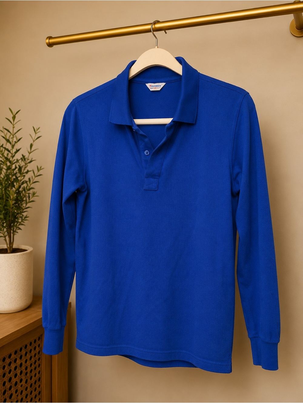 Royal blue solid long sleeve Polo Shirt.